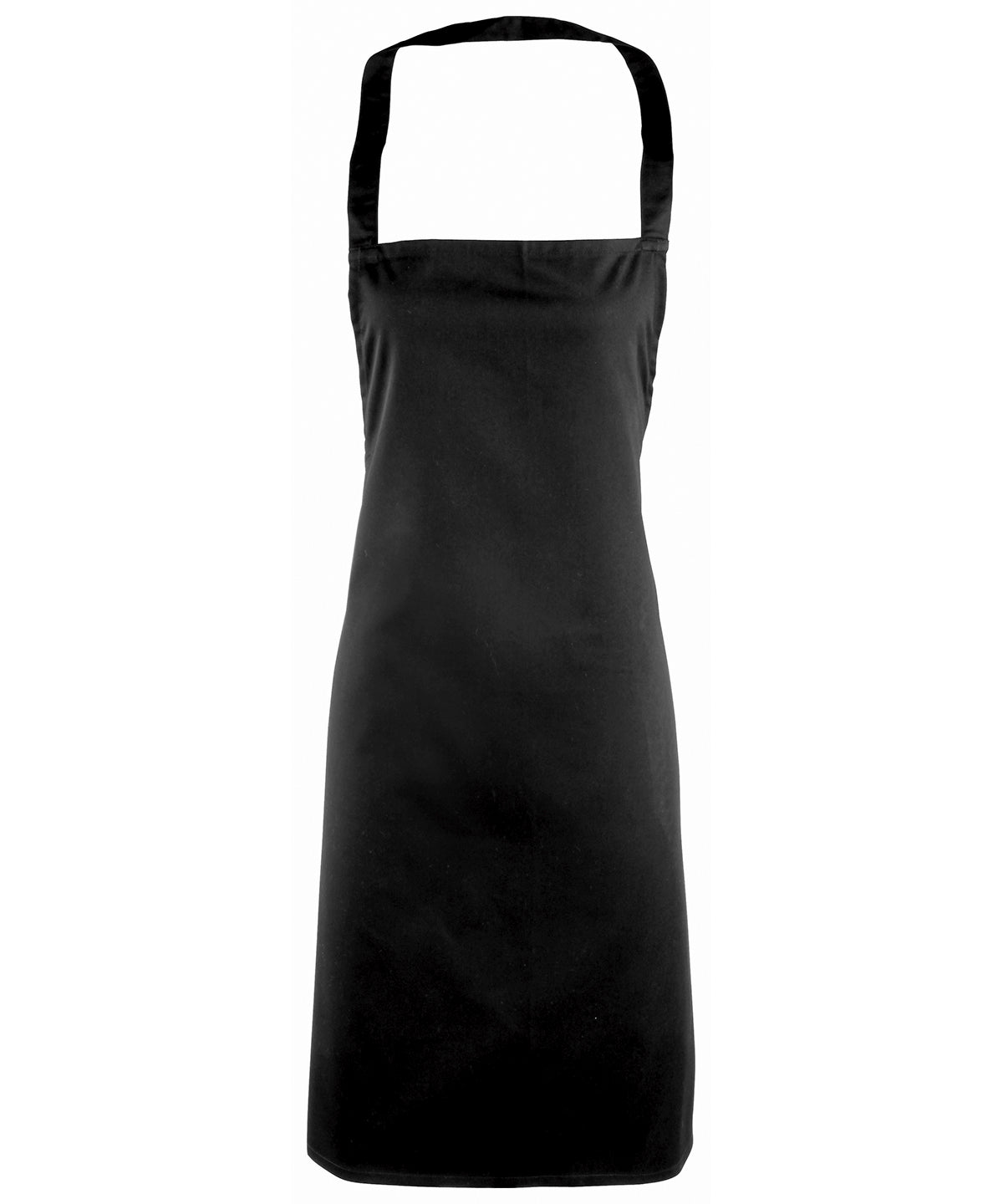 Black hospitality apron with neck strap and full front coverage, ideal for chefs, kitchen staff, or front-of-house service roles.