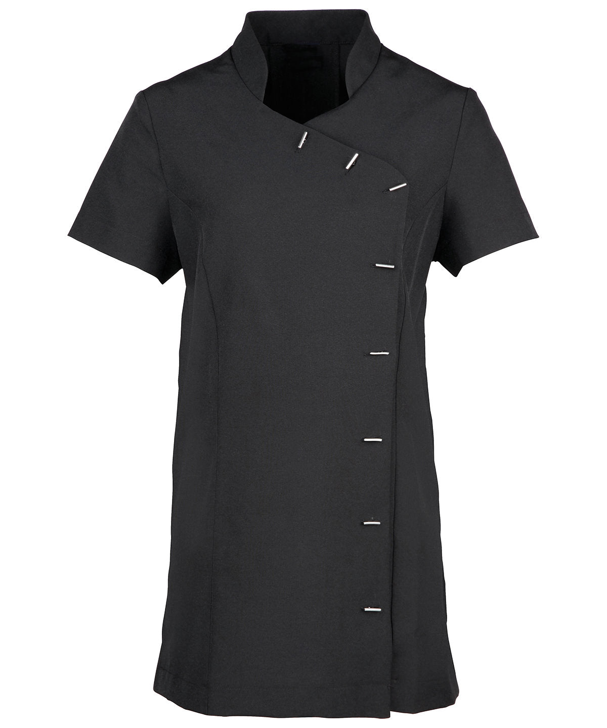 Black spa tunic with short sleeves and asymmetric button detail, ideal for beauty, wellness, or salon professionals.
