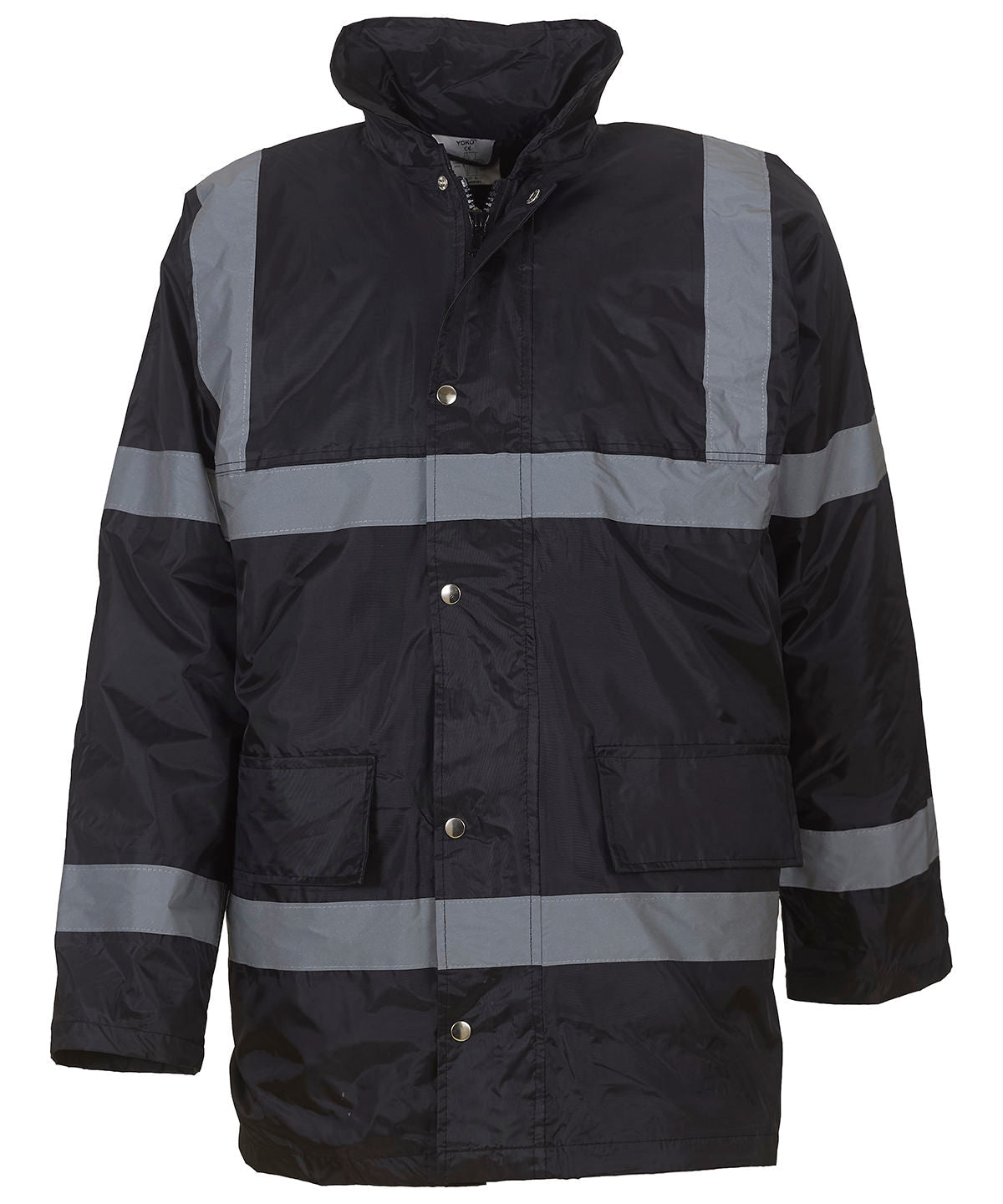 Black security hi-vis jacket with reflective strips on chest, arms, and waist for enhanced visibility and safety.