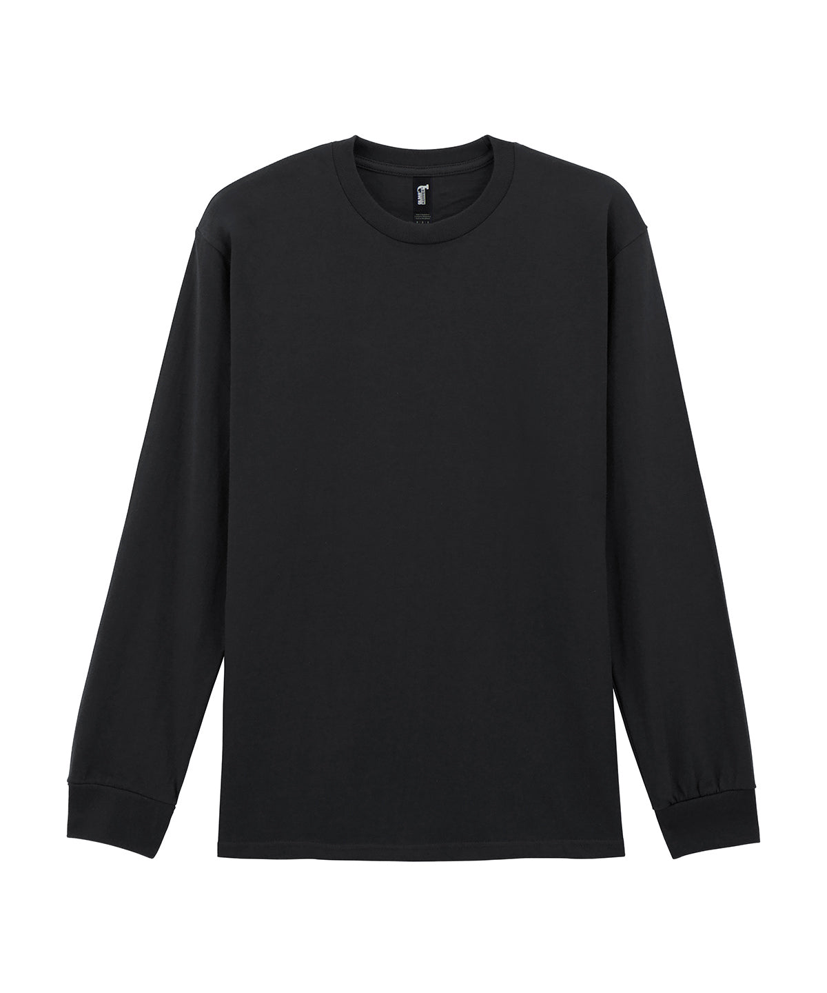 Plain black long sleeve crew neck t-shirt with ribbed cuffs ideal for layering or casual wear