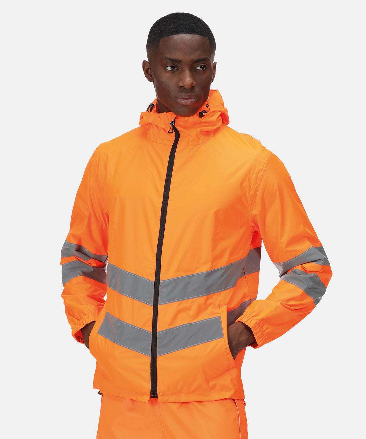 Custom Portwest hi-vis orange jacket with reflective tape, lightweight workwear for safety and visibility.