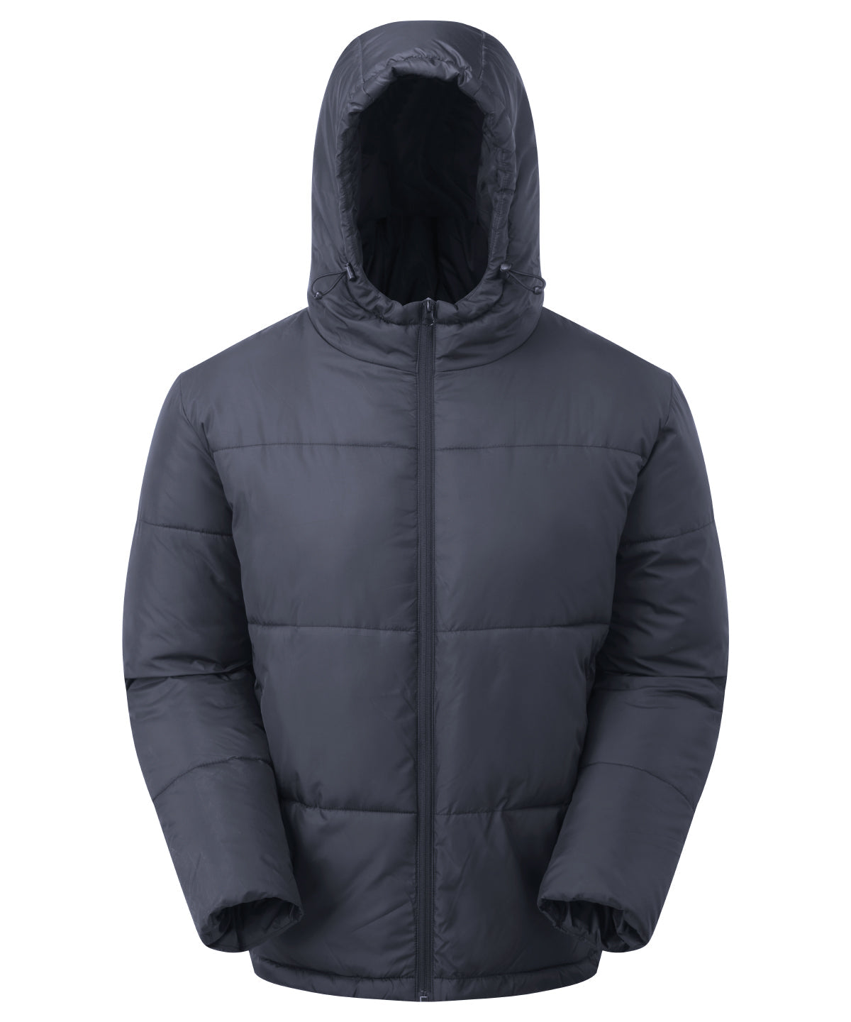 Dark grey hooded puffer jacket with full front zip and quilted insulation for cold weather protection.