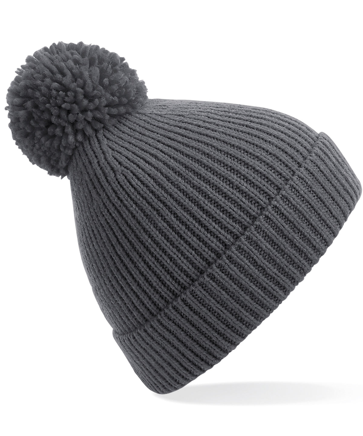 Engineered knit ribbed pom pom beanie