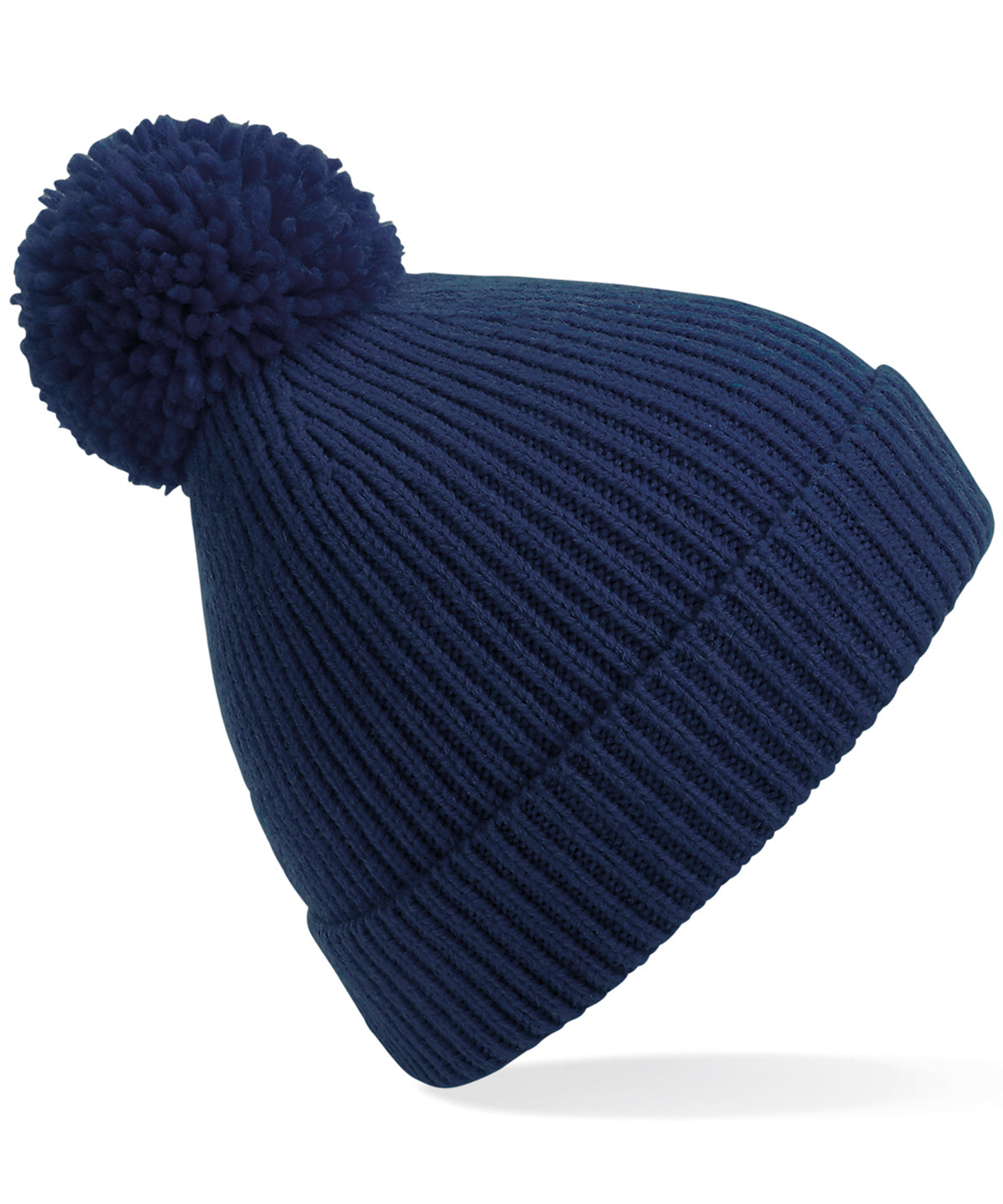 Engineered knit ribbed pom pom beanie