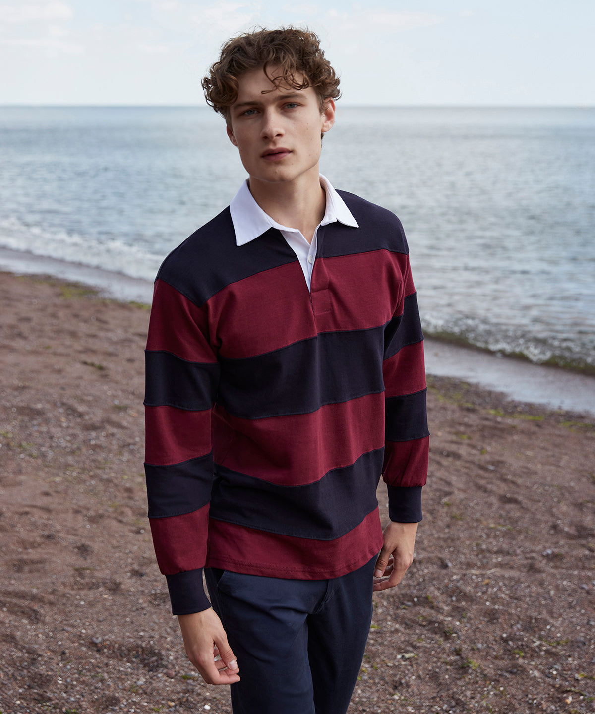 Sewn stripe long sleeve rugby shirt